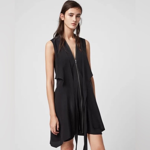 ALLSAINTS Jayda Black Silk Sleeveless Zip Front Asymmetrical Dress Size L - Picture 3 of 12